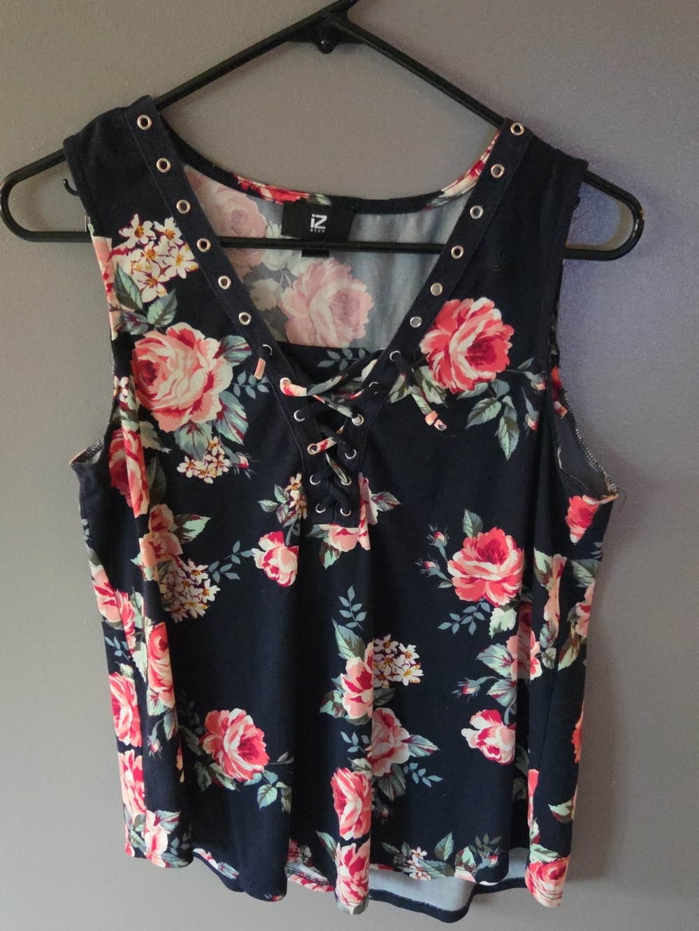 Iz Byer Navy Floral Lace-Up Tank with Pink Rose Print
